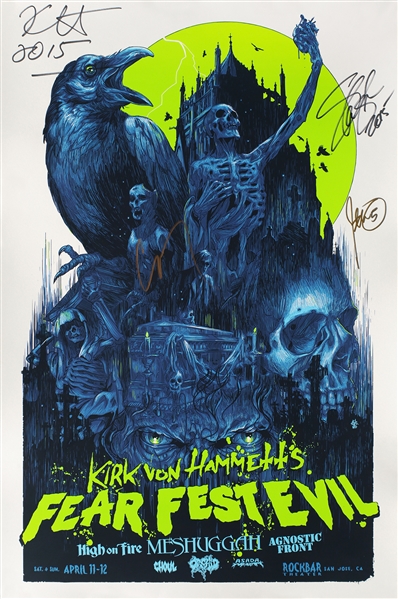 Metallica 2015 Kirk Hammett’s Fear Festevil Poster #1 in Blue/Green Autographed by Kirk Hammett, Slash, Corey Taylor, & John 5 w COA