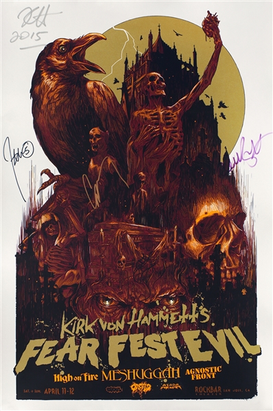 Metallica 2015 Kirk Hammett’s Fear Festevil Poster #2 in Orange/Gold Autographed by Kirk Hammett, Charlie Benante, Corey Taylor, & John 5 w COA