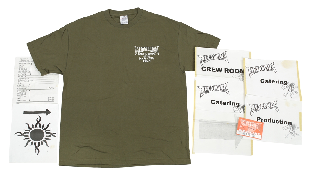 Metallica 2004 St. Anger Local Crew Shirt, Set List, Pass & Backstage Signage Lot