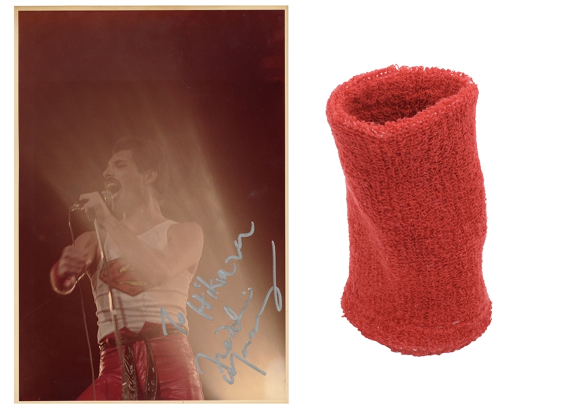 Queen 1981 Japan Budokan Live Concert Photo Autographed by Freddie Mercury with Stage Worn Red Wristband w COA