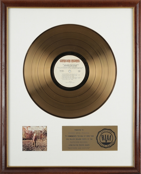 The Allman Brothers Band 1973 Brothers and Sisters RIAA White Linen Gold Record Award Presented to Warner Bros. Records