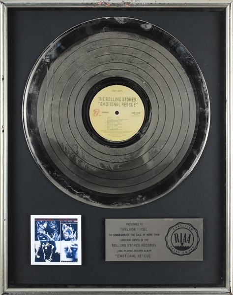 Rolling Stones 1980 Emotional Rescue RIAA Platinum Record Award Presented to Sheldon Vogel
