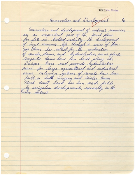 Van Halen 1960s Edward Van Halen School Work "Conservation and Development"