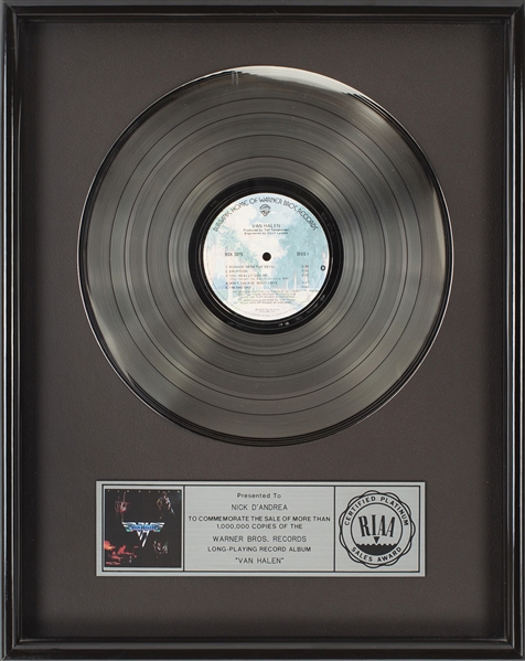 Van Halen 1978 Van Halen I RIAA Platinum Sales Award