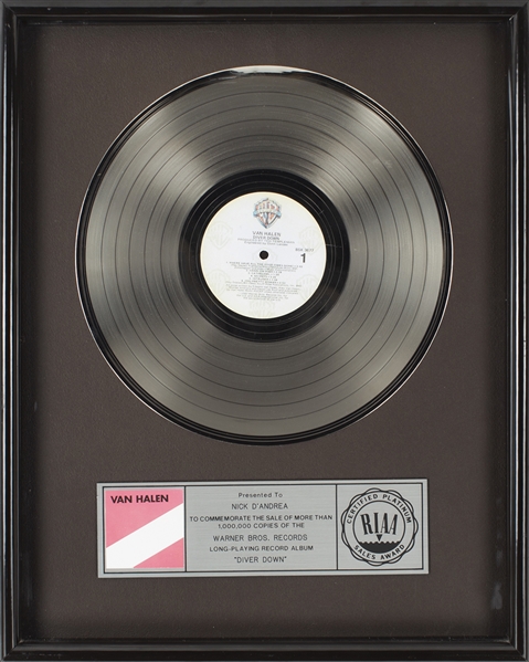 Van Halen 1982 Diver Down RIAA Platinum Award Presented To Nick DAndrea