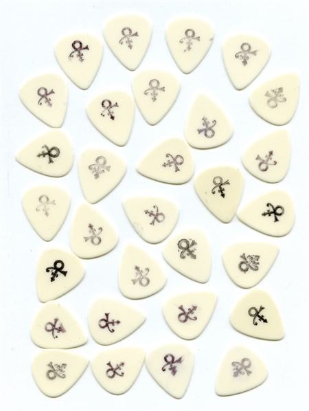 Prince 1990s Lot of 30 Stamped Black Love Symbol White Guitar Picks w/COA