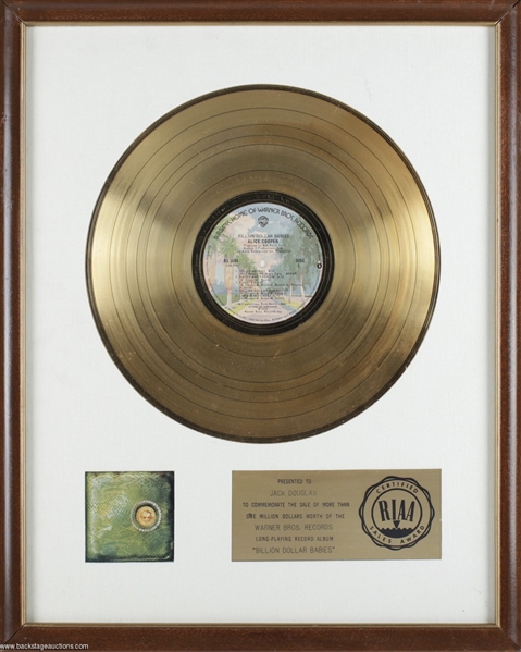 Alice Cooper 1973 Billion Dollar Babies RIAA Certified Gold Record White Matte Award Presented to Jack Douglas
