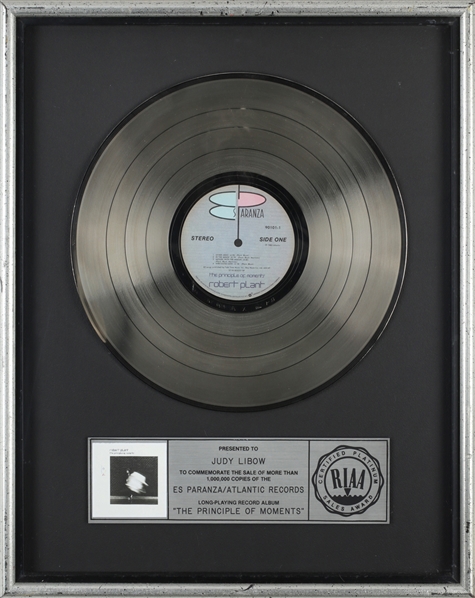 Robert Plant 1983 The Principle of Moments RIAA Platinum Record Award Presented to Judy Libow