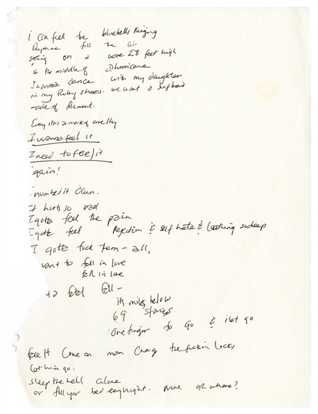 Hole 1990s/2000s Courtney Love Handwritten Unused Lyrics #1 w/COA
