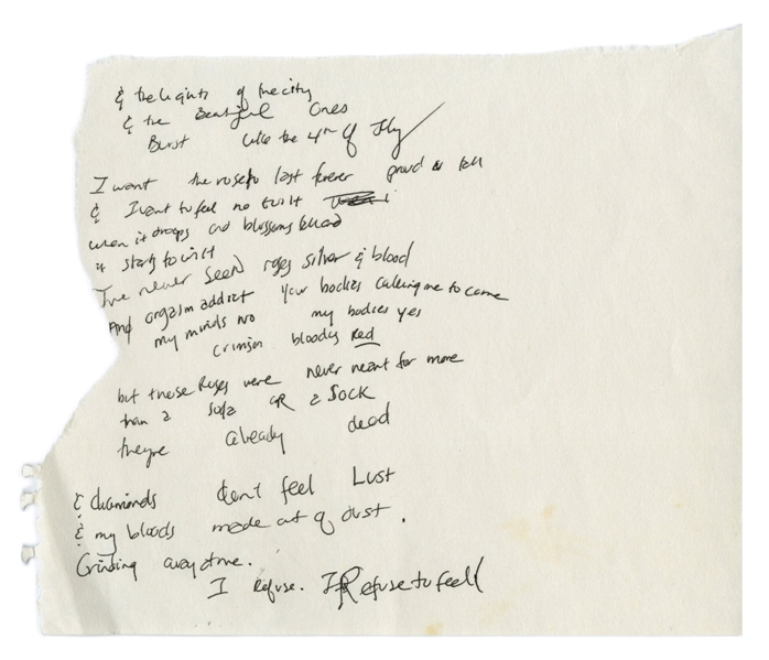 Hole 1990s/2000s Courtney Love Handwritten Unused Lyrics #2 w/COA