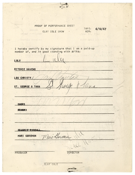 Lulu 1967 Clay Cole Show Carbon Copy Performance Sheet