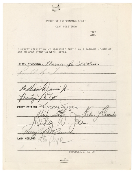 Kenny Rogers 1967 Clay Cole Show Carbon Copy Performance Sheet