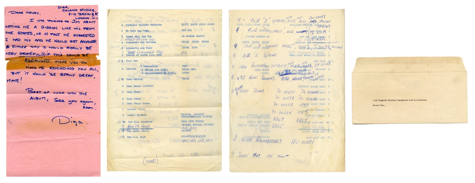 Led Zeppelin 1970s Equipment List & Letter From Diga