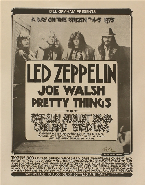 Led Zeppelin 1975 Oakland California Day On The Green Concert Poster Signed By Randy Tuten