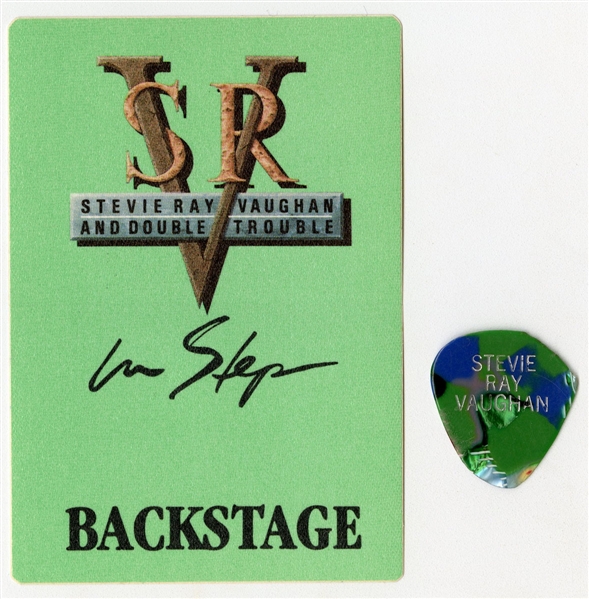 Stevie Ray Vaughan And Double Trouble In Step Tour Backstage Pass With Stage Used Guitar Pick