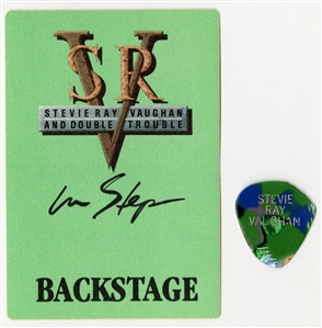 Stevie Ray Vaughan And Double Trouble In Step Tour Backstage Pass With Stage Used Guitar Pick