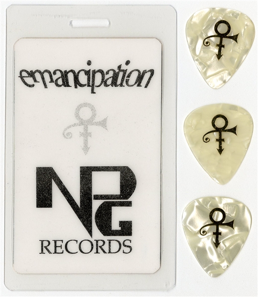 Prince Emancipation NPG Records Laminated Pass With Lot of 3 Stage Used Guitar Picks