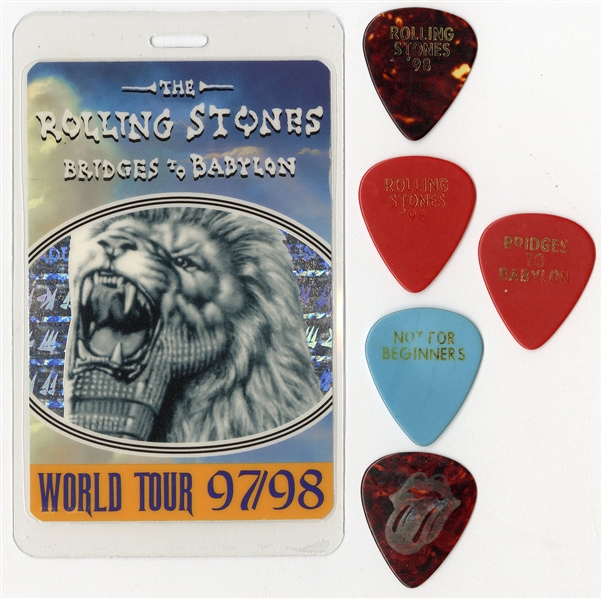 The Rolling Stones 1997-1998 Bridges To Babylon World Tour Pass With Lot of 5 Stage Used Guitar Picks