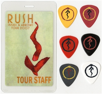 Rush 2007 Snakes & Arrows Tour Staff Pass With Lot of 6 Geddy Lee Guitar Picks