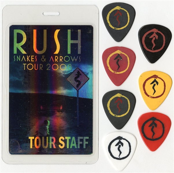 Rush 2008 Snakes & Arrows Tour Staff Pass With Lot of 7 Alex Lifeson Guitar Picks