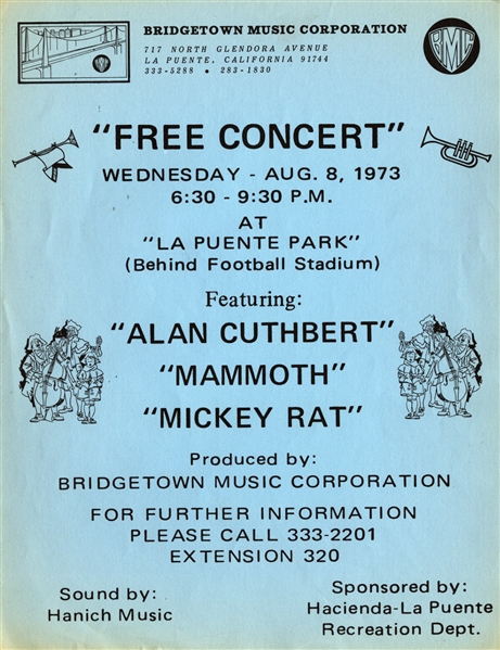 Van Halen 1973 Mammoth La Puente Park August Concert Flyer With COA