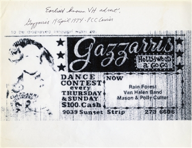 Van Halen 1974 Lot of 2 Gazzarri's Earliest Known Van Halen Advertisement Clippings With COA