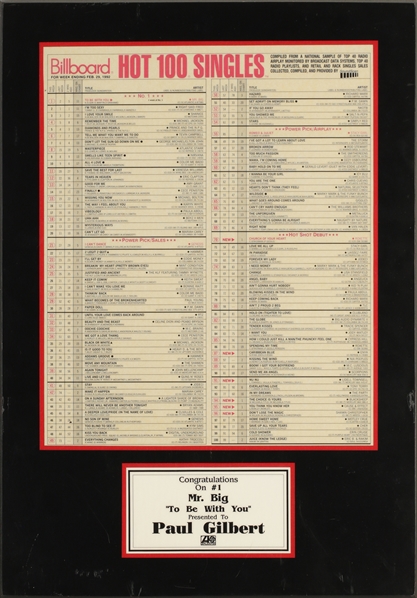 Mr. Big 1992 Atlantic Records In-House Billboard No.1 Single Plaque Presented to Paul Gilbert
