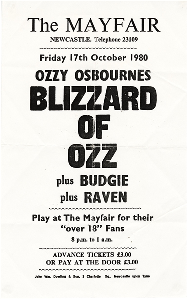 Ozzy Osbourne 1980 Newcastle Blizzard of Ozz Tour Handbill