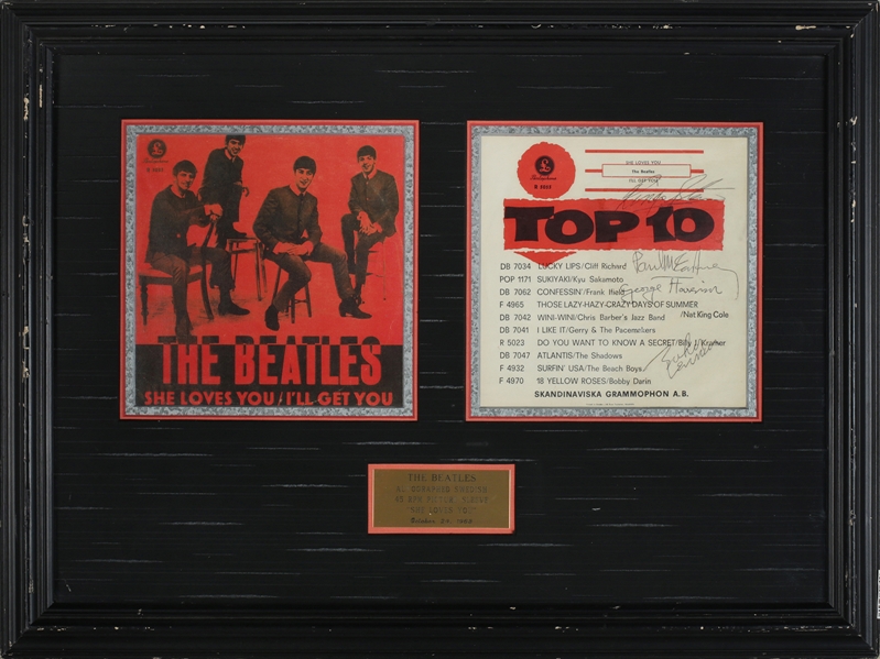 Beatles 1963 She Loves You/Ill Get You Fully Band Autographed Framed Swedish Single Sleeve With COA