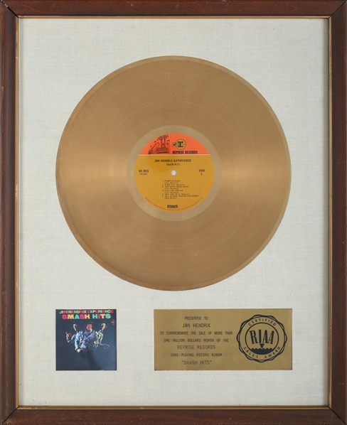 Jimi Hendrix Experience 1968 Smash Hits RIAA Gold Record White Matte Award Presented to Jimi Hendrix