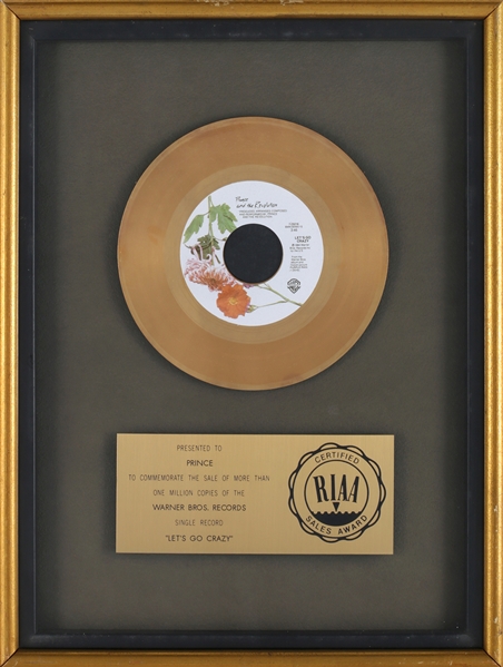Prince 1984 Lets Go Crazy RIAA Gold Single Award Presented to Prince