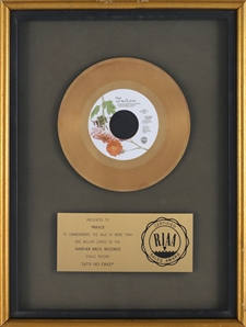 Prince 1984 Lets Go Crazy RIAA Gold Single Award Presented to Prince