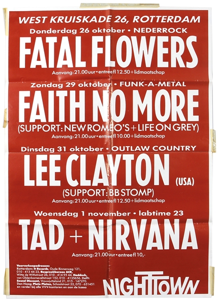 Nirvana 1989 Rotterdam Netherlands Ultra Rare Red European Concert Poster - Only One Ever Offered in Public Auction
