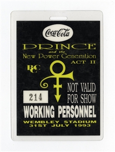 Prince 1993 Wembley Stadium Working Personnel Pass With COA