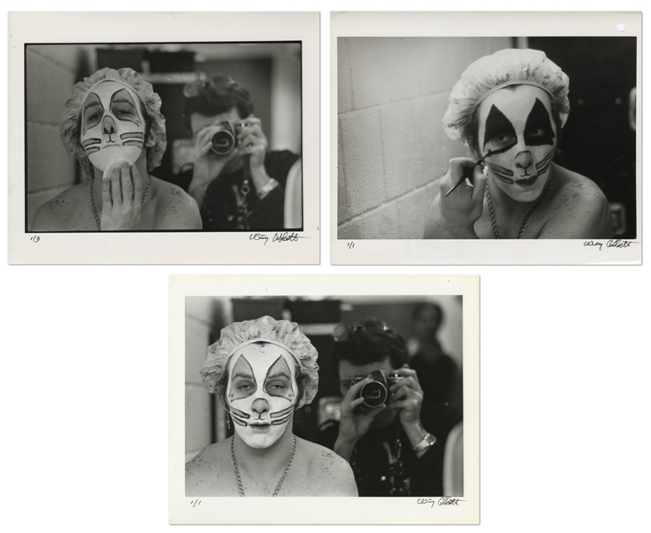 KISS 1975 Lot of 3 BW 8 x 10 Prints of Peter Criss Aplying Makeup Backstage in Nassau, NY