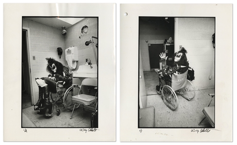 KISS 1976 Lot of 2 BW 8 x 10 Prints of Gene Simmons Backstage At Cobo Hall Detroit In Wheelchair