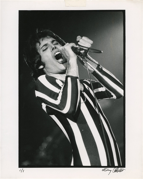 Queen 1977 Single BW 8 x 10 Print of Freddie Mercury With Mic and Raised Fist